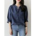 Solid Notch Neck Pocket Long Sleeve Casual Blouse