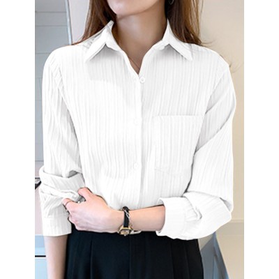 Solid Textured Long Sleeve Button Front Lapel Shirt