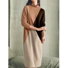 High neck contrasting color patchwork knitted long sleeved woolen dress HF3108-02-04