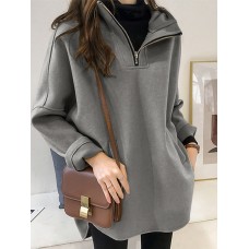 Hooded Simple Casual Solid Color Slit Hem Pocket Zipper Sweatshirts for Women