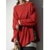 Women Side Split Solid O  Neck Retro Long Sleeve Pullover Sweatshirt