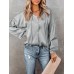 Solid Satin Long Sleeve Tie Front V  neck Blouse