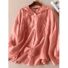 Solid Pocket Drawstring Button Hooded Long Sleeve Blouse