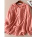 Solid Pocket Drawstring Button Hooded Long Sleeve Blouse