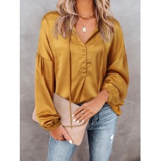 Solid Satin Long Sleeve Tie Front V  neck Blouse