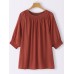 Solid Shirred Half Sleeve Crew Neck Loose Blouse