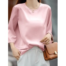 Solid Satin 3 4 Sleeve Crew Neck Casual Blouse