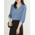 Solid V  neck 3 4 Sleeve Blouse For Women