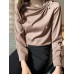 Women Solid Satin Fold Pleated Long Sleeve Blouse