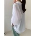 Solid Ruffle Trim V  neck Tie Lantern Sleeve Blouse