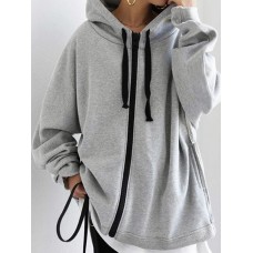 Women Hoodie Leisure Contrast Color Knee Length Thin Lace  up Sweatshirts