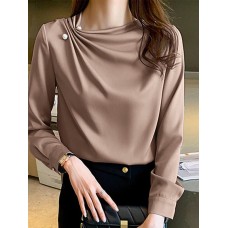 Women Solid Satin Fold Pleated Long Sleeve Blouse