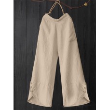 Women Casual Solid Color Button Split Cuffs Elastic Waist Wide Leg Pants With Pocket