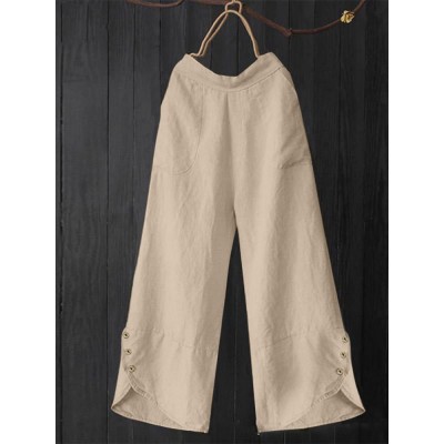 Women Casual Solid Color Button Split Cuffs Elastic Waist Wide Leg Pants With Pocket