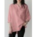 Solid Notch Neck Pocket Long Sleeve Casual Blouse