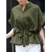 Solid Drawstring Button Short Sleeve Casual Shirt