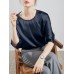 Solid Loose Dolman Sleeve Satin Crew Neck Women Blouse