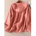 Solid Pocket Drawstring Button Hooded Long Sleeve Blouse