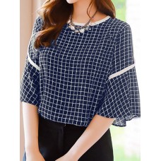 Contrast Check Print Half Sleeve Crew Neck Chiffon Blouse