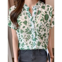 Allover Leaves Print Pocket Button Front Stand Collar Blouse